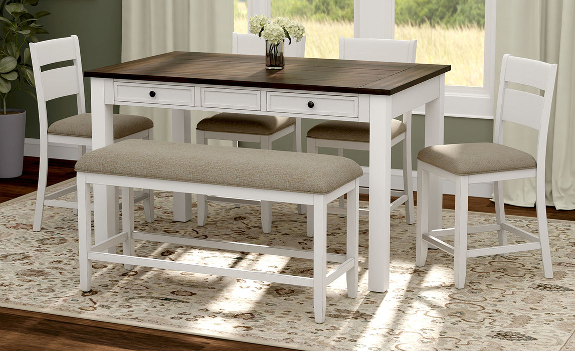 Sarasota Brown/White Pub Table, 4 Chairs & Bench